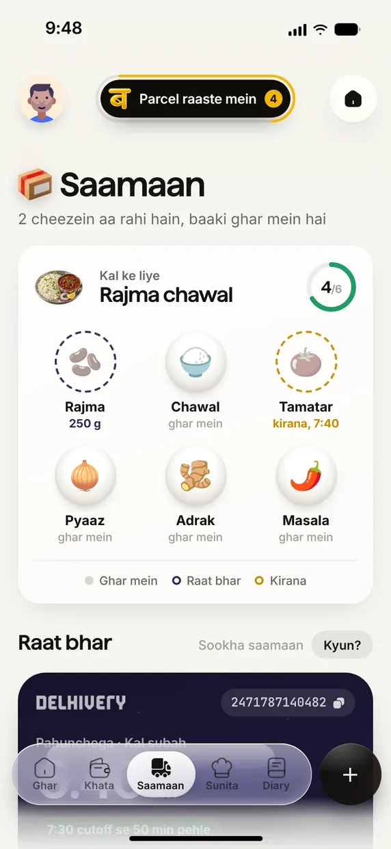 Saamaan. What's home, what the kirana packed, and the overnight parcel.