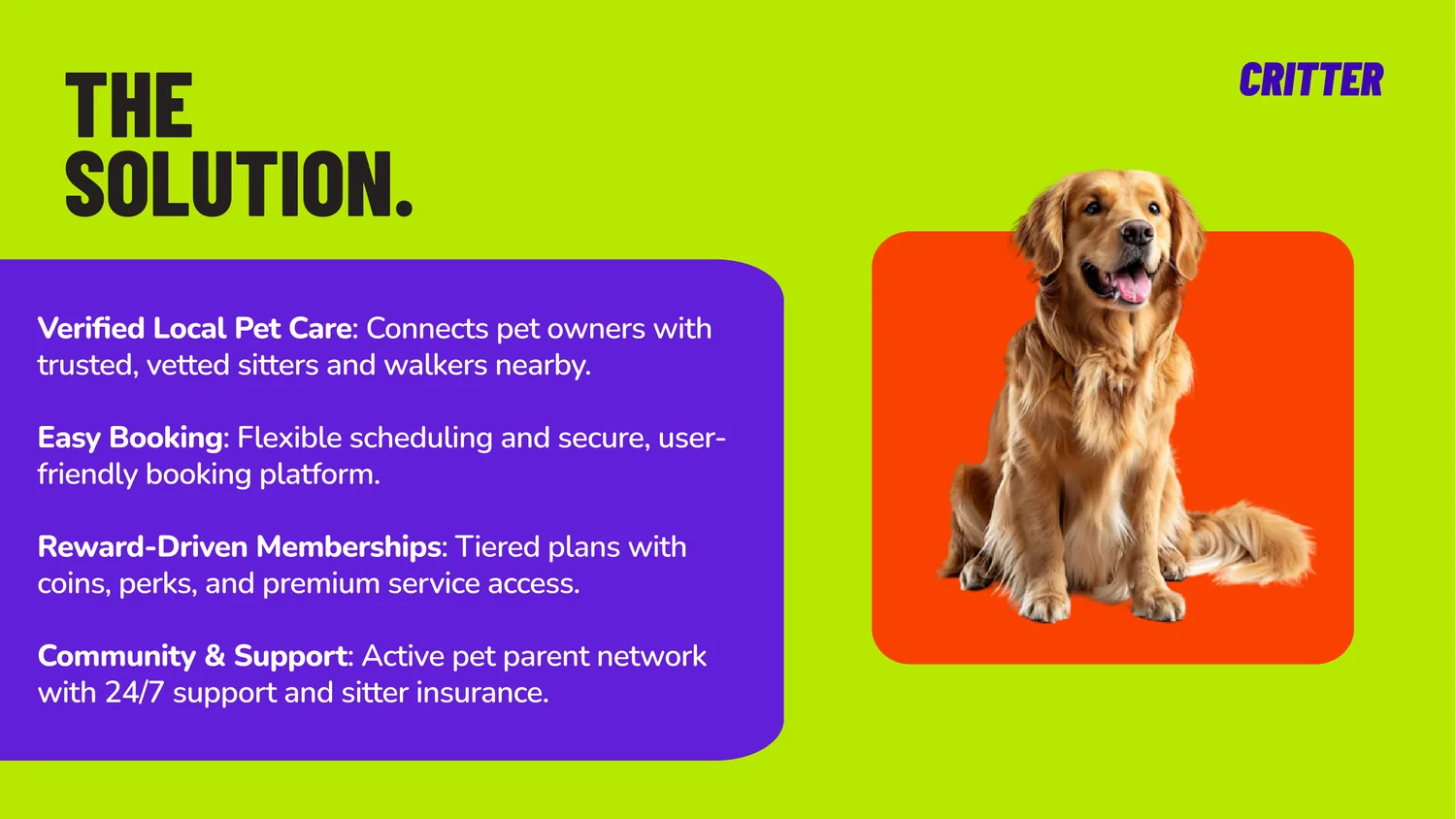 The solution: vetted local caregivers, easy booking, memberships with coins and perks, and 24/7 support with sitter insurance.