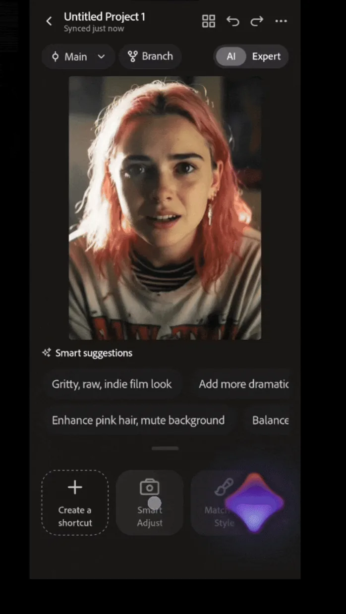Suggestions change with the photo: a portrait gets "Enhance pink hair, mute background".