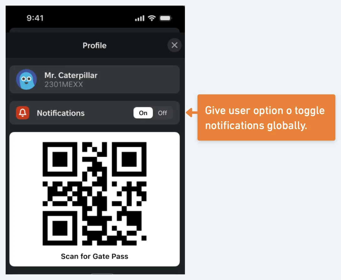 The gate pass moves into your profile, big and bright, with a toggle for notifications.