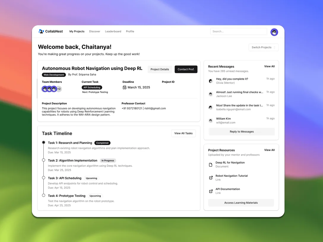 The Collabnest dashboard, showing a project, its task timeline and recent messages