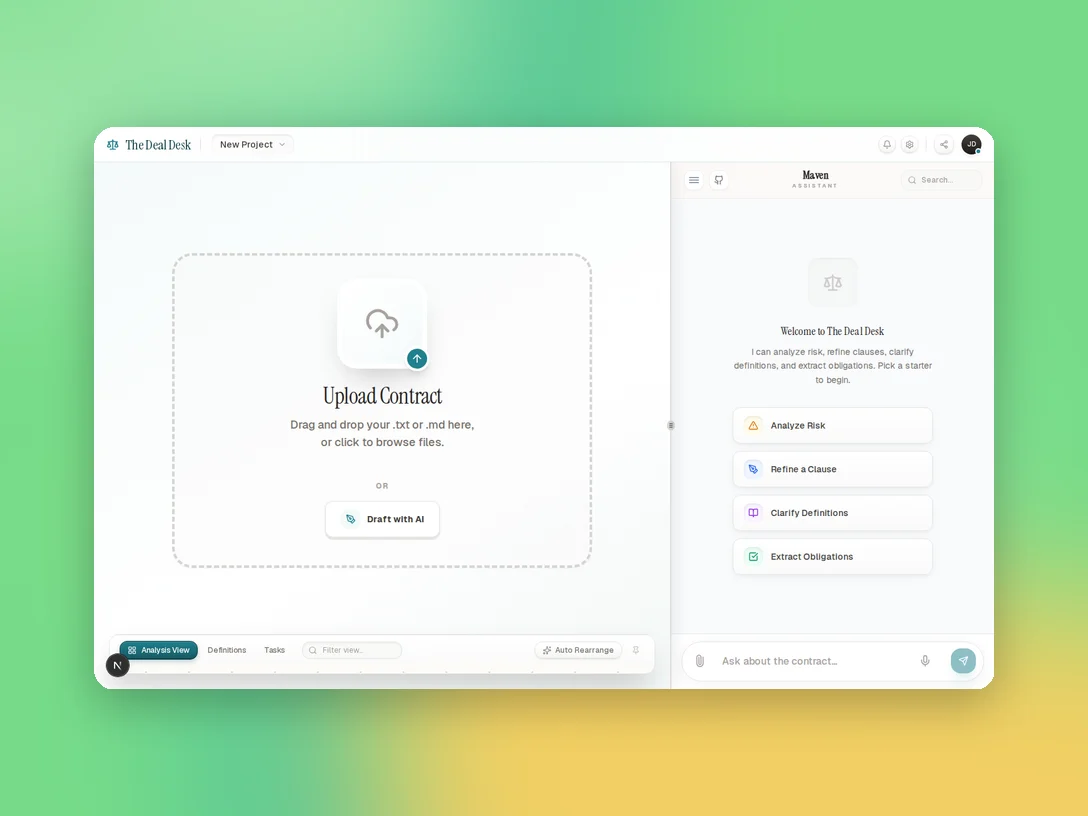 The DealDesk workspace: a contract upload area on the left and Maven, the assistant, on the right with four starters