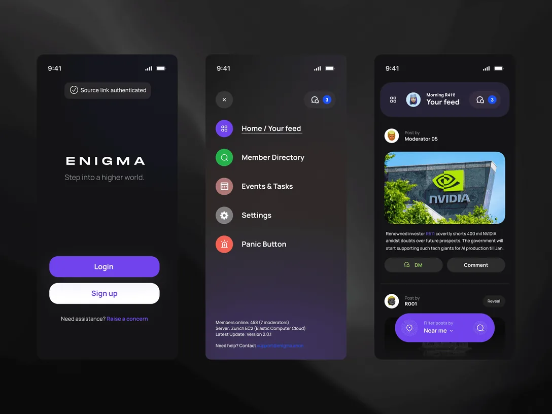 Three dark Enigma screens: sign-in, the member menu and a feed