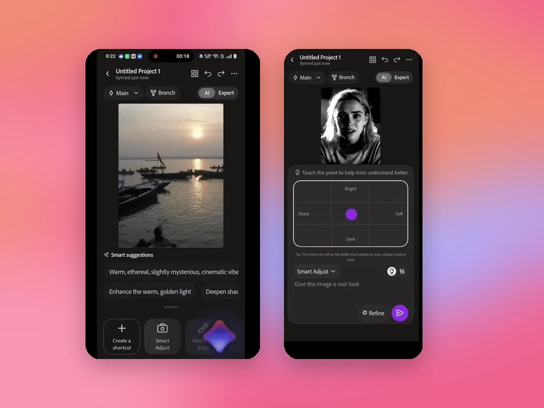 Two Feather screens: a sunset photo with smart suggestions, and a pad for telling the editor how bright or soft to go