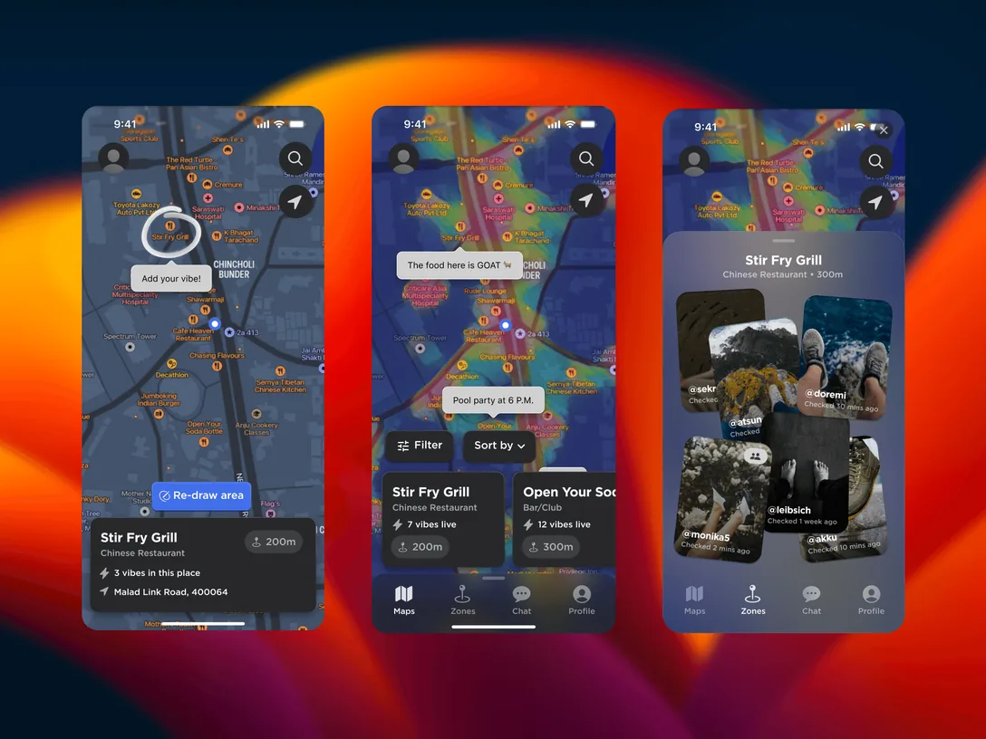 Three Feet screens: a heat map of nearby places, a filtered map, and a place page