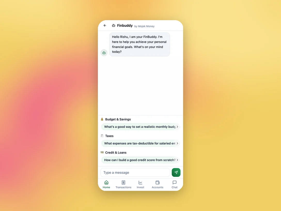 The FinBuddy prototype: a chat that greets you and offers questions on budgets, taxes, and credit and loans