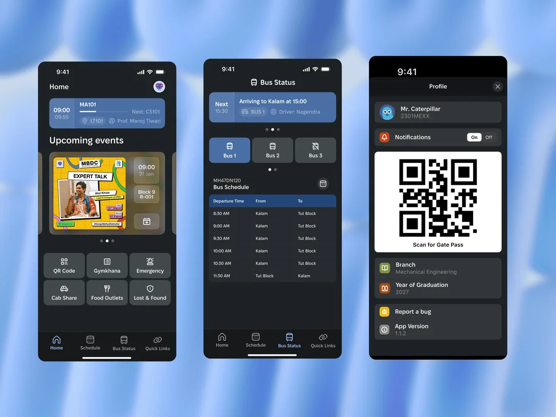 Three OneIITP screens: home with upcoming events, bus status, and a profile with a QR gate pass